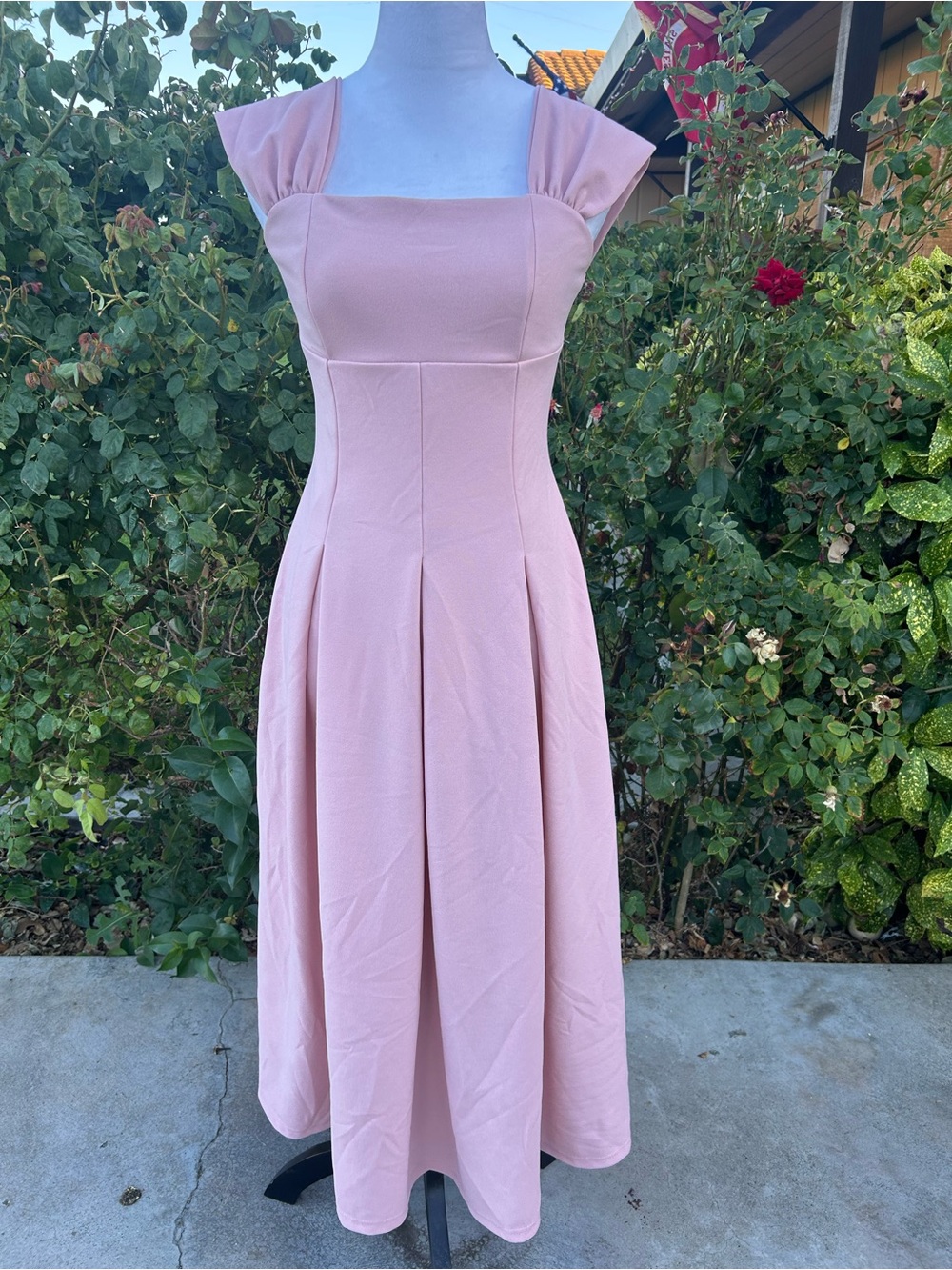Timeless Romantic Garden Tea Party Coquette Blush Pink Square-Neck Midi Dress - Picture 4 of 6